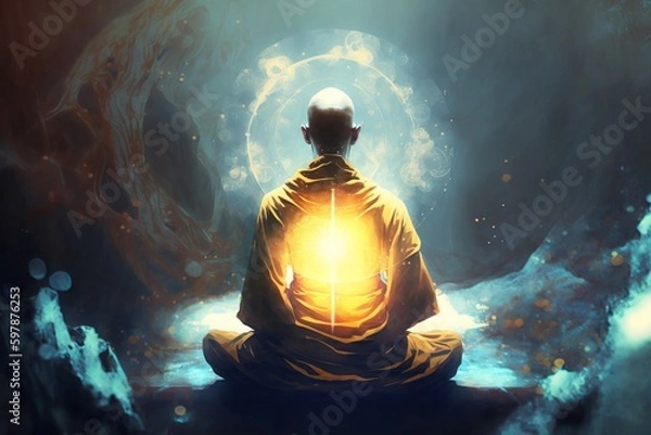 Obraz a man sitting in a meditation position with a bright light in his hand
