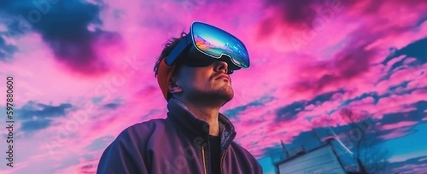 Fototapeta A futuristic cityscape illuminated by neon lights as a person explores a virtual reality world, hinting at the immersive possibilities of future technology.