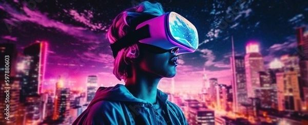 Fototapeta A futuristic cityscape illuminated by neon lights as a person explores a virtual reality world, hinting at the immersive possibilities of future technology, game