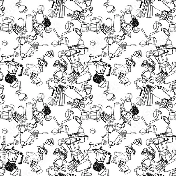 Fototapeta Pattern with illustrations of different methods of manual brewing, geyser coffee maker, v60, kettle, cups and filter of coffee on a white background, ink drawing