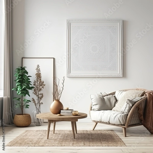Obraz Frame mockup, cozy living room, modern nursery interior. Generative AI.