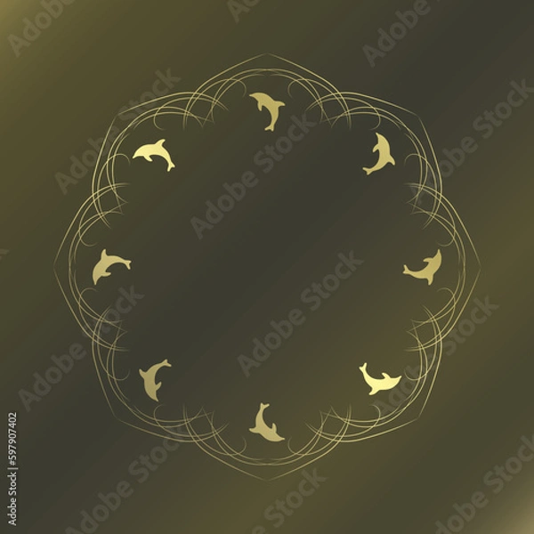 Fototapeta 素材_フレーム_イルカをモチーフにした金色の飾り枠。高級感のある夏のイメージ。字無