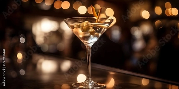 Obraz close up of a martini cocktail, blurred people and bar lights at the background, generative AI