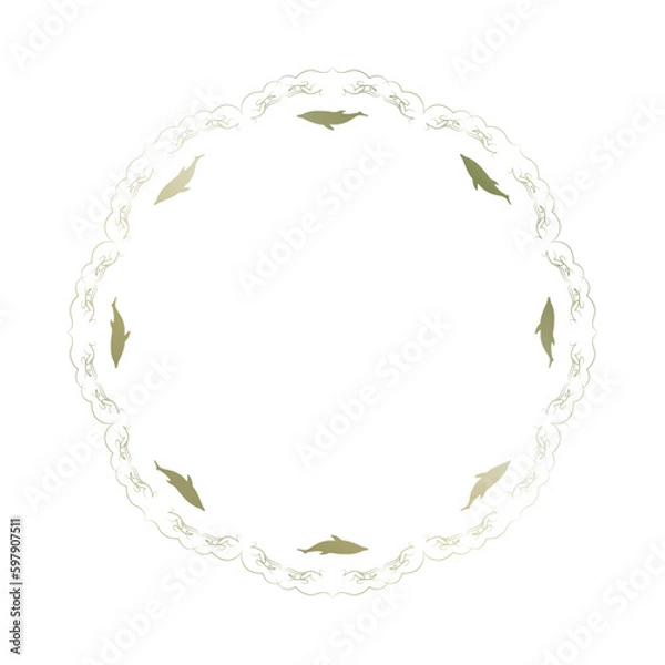 Fototapeta 素材_フレーム_イルカをモチーフにした金色の飾り枠。高級感のある夏のイメージ。字無