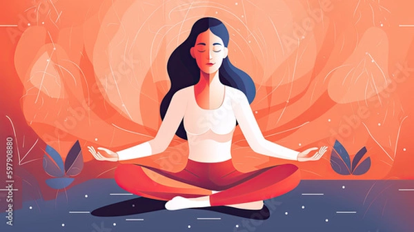 Fototapeta illustration of a young woman sitting cross-legged and meditating. Generative AI