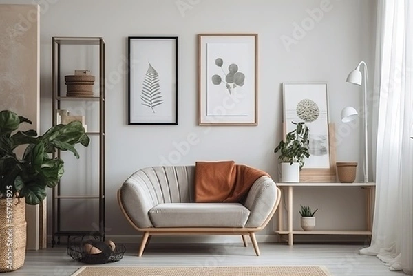 Fototapeta Blank horizontal poster frame mock up in minimal Scandinavian white style living room interior, modern living room interior background, Ai generative.