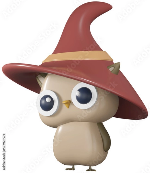 Fototapeta 3D illustration render character bird beige owl in brown hat on transparent background