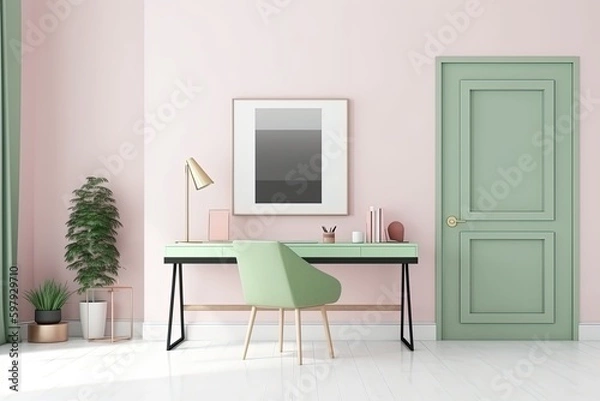 Fototapeta nterior design of livingroom at contemporary apartment , tropical plants, books, tea pot and elegant accessories. Modern home decor, AI Generative