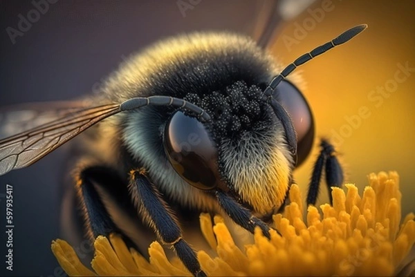 Fototapeta Macro Shot of a Bee Gathering Pollen, Generative AI 