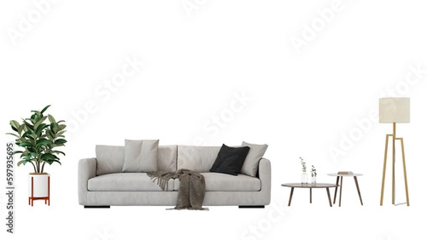 Fototapeta Interior furniture set 3D render. Living room house floor template background mockup design , isolated on transparent background
