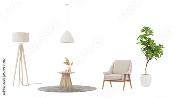 Fototapeta Interior furniture set 3D render. Living room house floor template background mockup design , isolated on transparent background