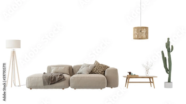 Fototapeta Interior furniture set 3D render. Living room house floor template background mockup design , isolated on transparent background