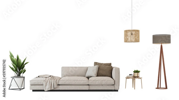 Fototapeta Interior furniture set 3D render. Living room house floor template background mockup design , isolated on transparent background