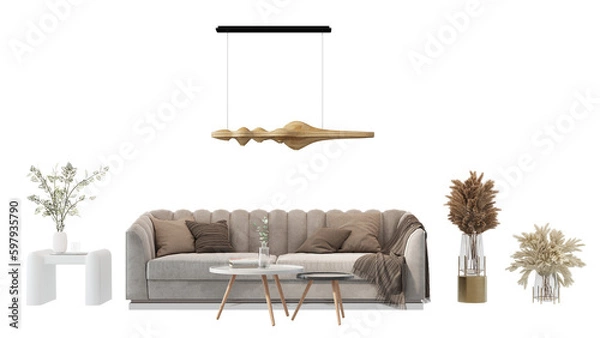 Fototapeta Interior furniture set 3D render. Living room house floor template background mockup design , isolated on transparent background