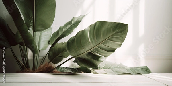 Fototapeta large green leaves of tropical plants in a white room with light from the window. AI generative
