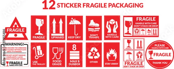 Fototapeta Packaging or Fragile Stickers editable. shipping stamps vector illustration Fragile label isolated. handle with care, keep dry, This way up. Broken glass  vector Package symbol