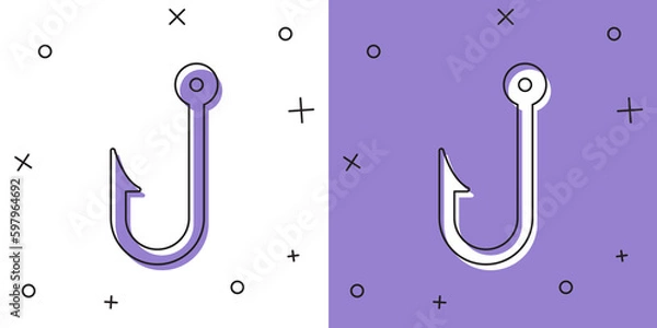 Fototapeta Set Fishing hook icon isolated on white and purple background. Fishing tackle. Vector