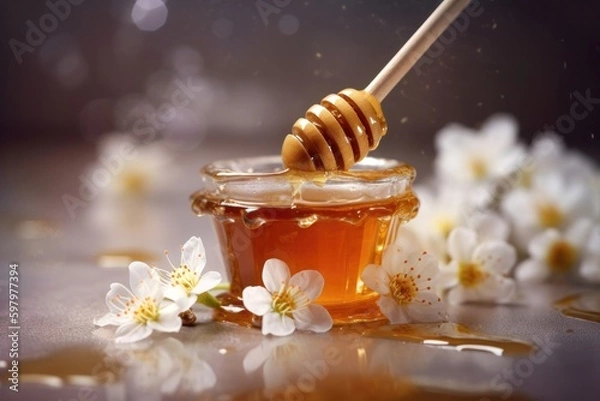 Fototapeta Sweet Shots: Capturing the Beauty of Manuka Honey with a Honey Dipper and Flower in Stunning Photography against a Light Background. Generative Ai