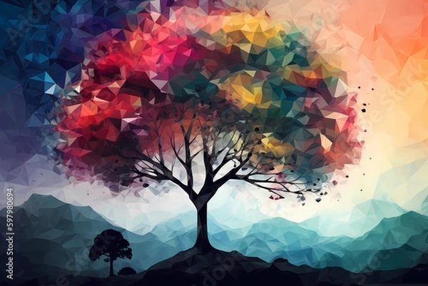 Obraz Abstract AI Tree Background Polygon Multicolor Ink. Created by Generative AI