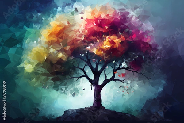 Obraz Abstract AI Tree Background Polygon Multicolor Ink. Created by Generative AI