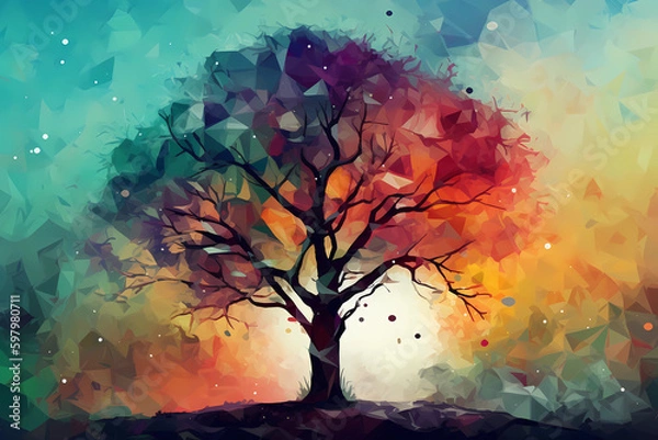 Obraz Abstract AI Tree Background Polygon Multicolor Ink. Created by Generative AI