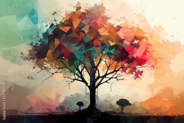 Obraz Abstract AI Tree Background Polygon Multicolor Ink. Created by Generative AI