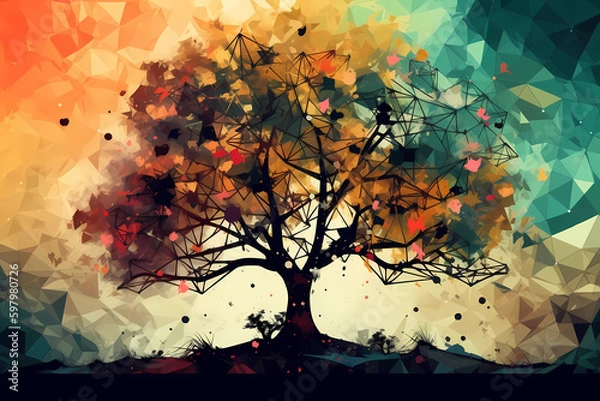 Obraz Abstract AI Tree Background Polygon Multicolor Ink. Created by Generative AI