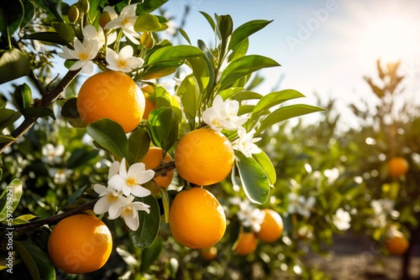 Fototapeta orange tree with oranges and flowers-Ai