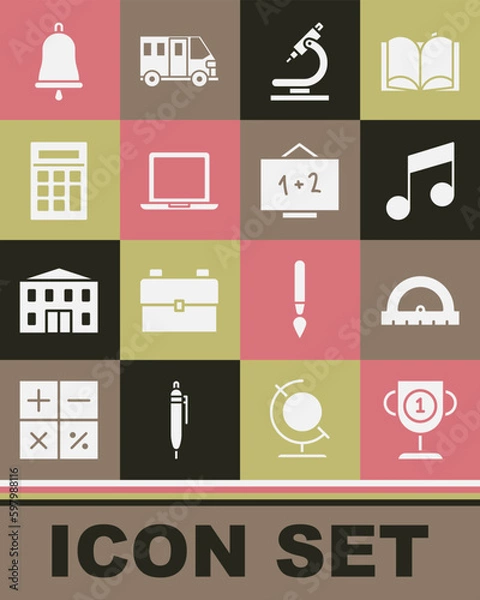 Fototapeta Set Award cup, Protractor, Music note, tone, Microscope, Laptop, Calculator, Ringing bell and Chalkboard icon. Vector