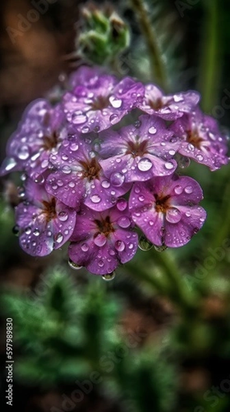 Fototapeta Cinematic Shot of Purple Verbena Flower with Dew on Petals. Generative AI.