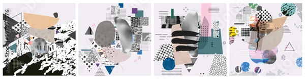 Fototapeta Different textures and shapes artistic vector illustration collage set. Geometric abstract design, creative background for banner, brochure, card, invitation, flyer, placard, poster, report, artwork 