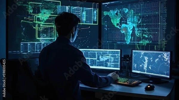 Fototapeta A scientist working on a machine learning algorithm on a futuristic computer.
