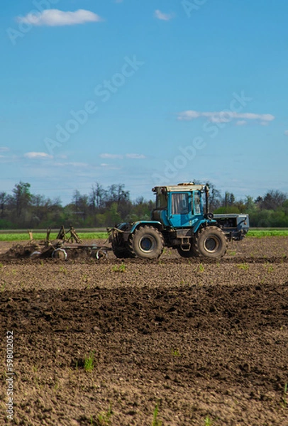 Fototapeta The tractor plows the soil in the field. Selective focus.