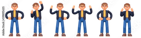 Fototapeta 3d render of man in suit and yellow shirt showing various emotions, poses. Cheerful 3d businessman set