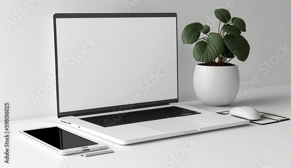 Fototapeta Laptop mockup with green leaves on white background, Generative AI