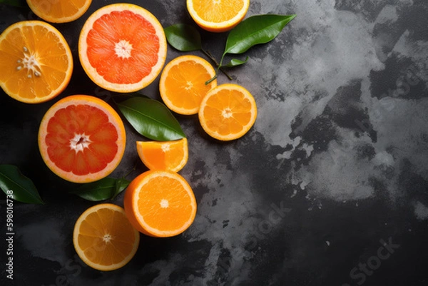 Fototapeta Juicy orange slices on dark background, top view, flat lay. Generative AI