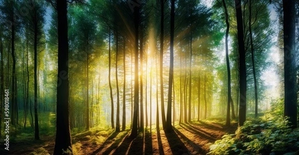 Obraz Rays of sunlight through a beautiful green forest landscape background. Generative AI.