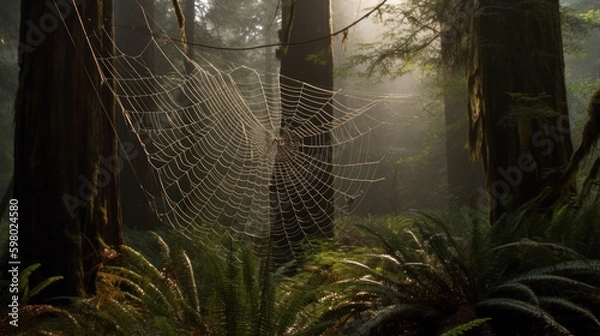 Fototapeta Enormous spider net in forest, generative ai