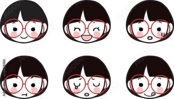 Obraz いろいろな表情の眼鏡の女の子のイラストセット