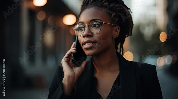 Fototapeta A businesswoman on the phone, speaking with a client or colleague. Generative AI image