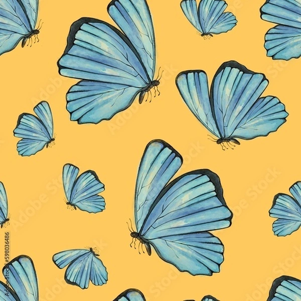 Fototapeta Seamless Pattern Blue butterfly on the yellow background 