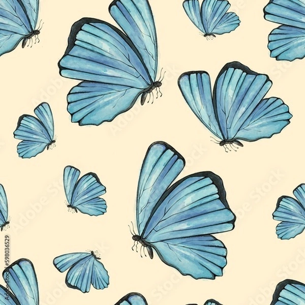 Fototapeta Seamless Pattern Blue butterfly on the beige background 