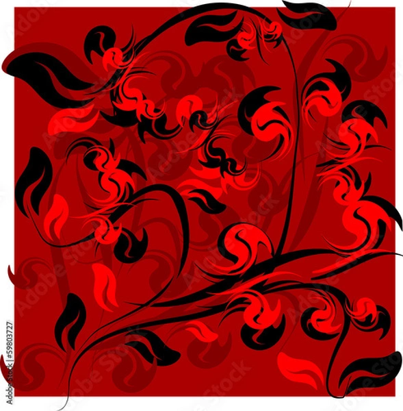 Obraz Темно-красный узор. Цветы и лситья