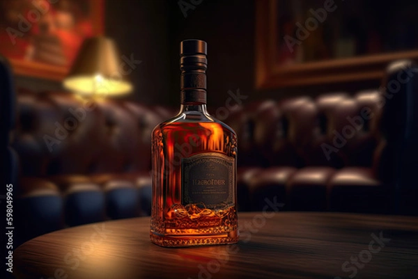 Fototapeta A mouth-watering close-up of bottle of whiskey in a beautiful and modern lounge photorealistic, AI Generative