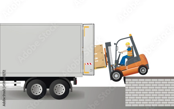 Obraz Dangers of working with a forklift. Fall off the loading ramp.