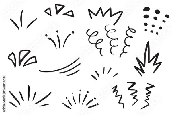 Fototapeta Line Doodle Sparkle, Sun Shine i Sunburst Promienie, serie wektorowe i ręcznie narysowane Starburst. Koła wybuchowe linii Doodle i iskierki światła słonecznego, fajerwerków lub kreskówek Confetti Splatter