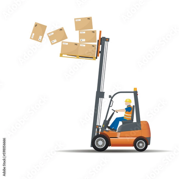 Obraz Dangers of working with a forklift. Improper storage of transported goods. The load fell apart when braking.