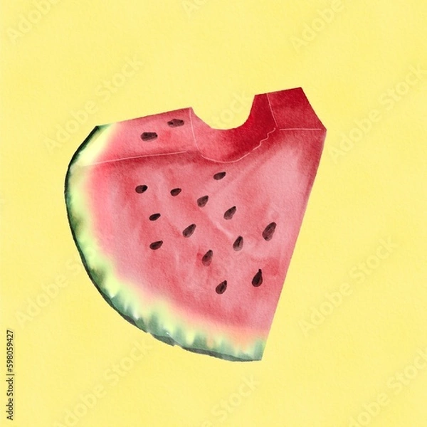 Fototapeta Watermelon, digital watercolor painting isolated on yellow background.
