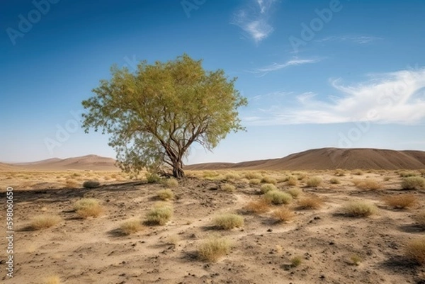 Obraz Gradually withering, expansive single tree grappling with harsh arid environment. Generative AI