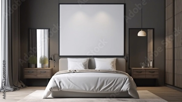Fototapeta Modern bedroom interior with empty poster on the wall, generative ai